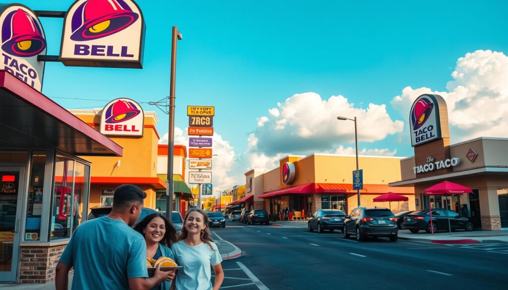 A detailed street view of various Taco Bell locations across the United States, showcasing tantalizing taco signs and bright, colorful storefronts. In the foreground, depict a cheerful family enjoying tacos outside a Taco Bell, all wearing casual clothing. The middle section should illustrate different Taco Bell restaurants with diverse architectural styles, highlighting drive-thrus and patio areas filled with customers. The background features a clear blue sky and fluffy clouds, capturing a sunny day that signifies an inviting atmosphere. Use a wide-angle lens to emphasize the bustling nature of these locations, incorporating soft, warm lighting to evoke a friendly and welcoming mood. The image should emphasize accessibility, encouraging a sense of community engagement with the beloved fast-food chain.