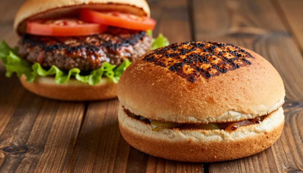 A freshly baked Whopper bun, showcasing its golden-brown, slightly charred crust with a unique marbled pattern, sits prominently in the foreground. The lighting is warm and inviting, casting soft shadows that emphasize the bun's texture. In the middle ground, a lightly charred burger patty can be seen, glistening with a hint of glaze, accompanied by vibrant, fresh lettuce and ripe tomato slices peeking out. The background features a blurred view of a rustic wooden table, evoking a cozy, casual dining atmosphere. The overall mood is tantalizing, enticing the viewer to indulge in the flavors of the Dragon Flame-Grilled Whopper. The shot is taken from a slightly elevated angle, adding depth and focus to the delectable details of the bun and its toppings.