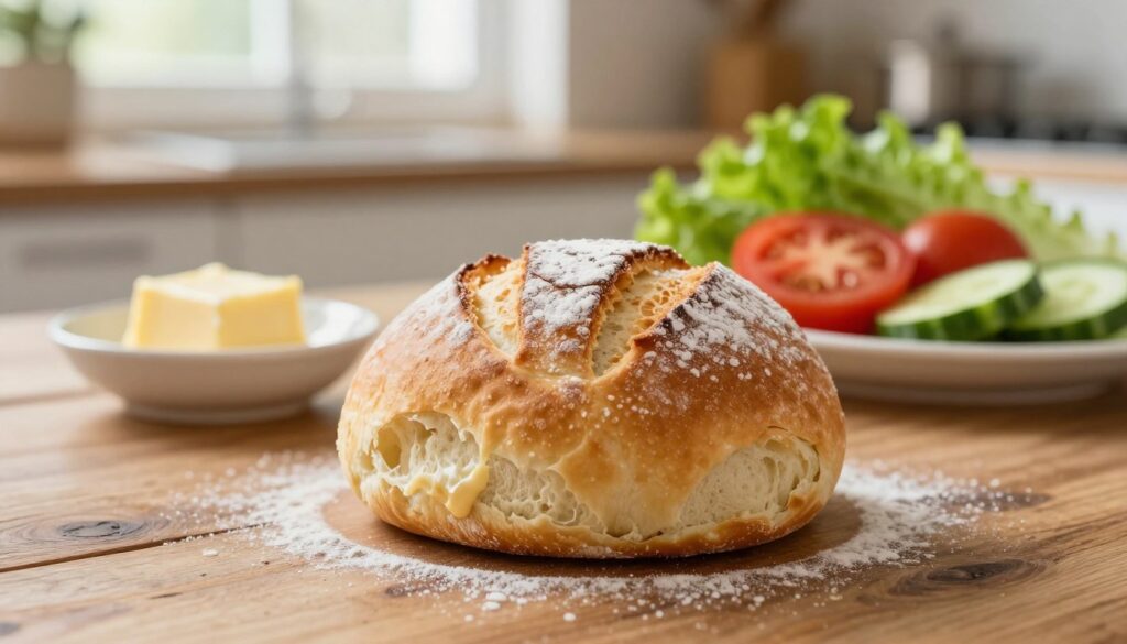 A freshly baked gluten-free roll, beautifully crusted golden brown, is centered in the foreground on a rustic wooden table. The roll is round and slightly dusted with gluten-free flour, showcasing its inviting texture and soft interior. In the middle ground, a small dish of rich, creamy butter melts beside the roll, while a colorful array of fresh vegetables, including crisp lettuce, ripe tomatoes, and thinly sliced cucumbers, hints at possible sandwich fillings. The background features a softly blurred kitchen scene with warm, natural lighting streaming through a window, creating a cozy, inviting atmosphere. The overall mood conveys comfort and wholesome eating, emphasizing the appeal of gluten-free options for subs. The composition is shot with a close-up lens, capturing intricate details and textures.
