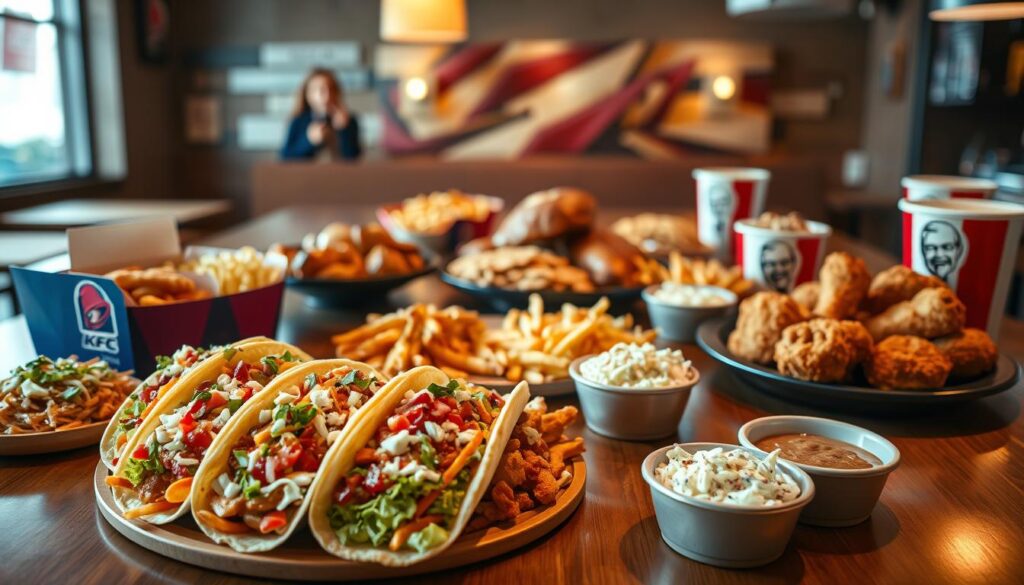 A luxurious display of a variety of Taco Bell and KFC combo meals elegantly arranged on a polished wooden table. In the foreground, mouth-watering tacos with vibrant toppings, crispy fried chicken, and colorful side dishes like coleslaw and seasoned fries. In the middle ground, a rich, appetizing spread of value menu items showcased on beautiful serving platters, with subtle reflections highlighting their textures. The background features soft, warm lighting that creates an inviting atmosphere, accentuated by blurred details of a cozy fast-food eatery setting. The scene is viewed from a slight overhead angle, capturing both the abundance and the elegance of fast-food value offerings. The mood is vibrant and enticing, appealing to a sense of indulgence and satisfaction.