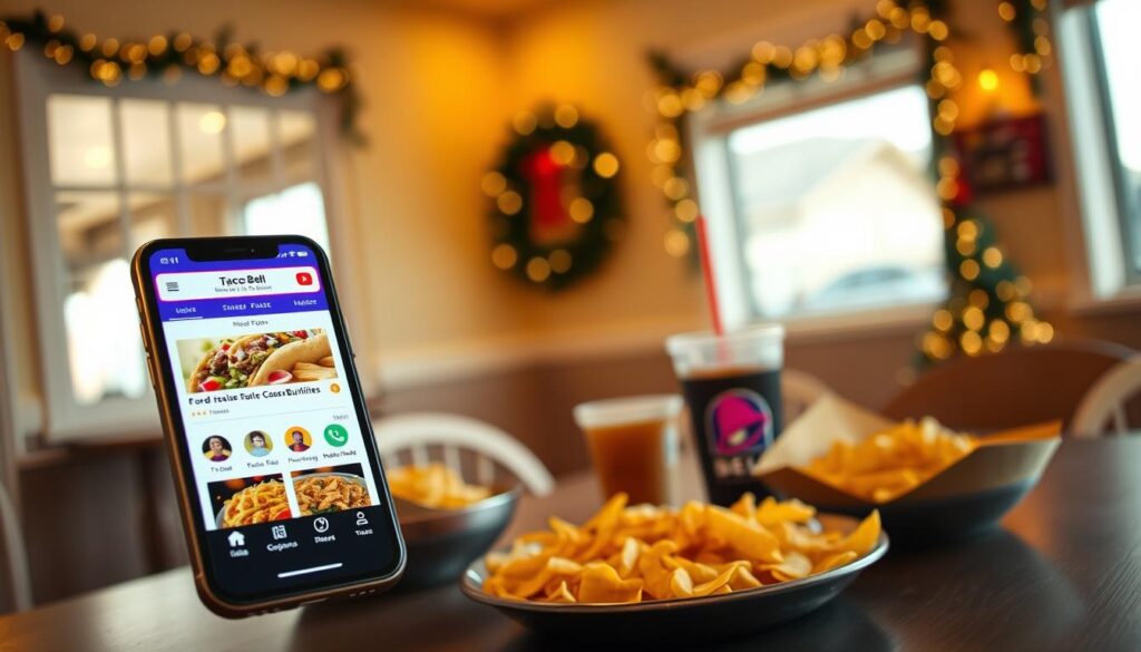 A modern, sleek smartphone displaying the Taco Bell app interface prominently in the foreground, with vibrant colors highlighting menu items. The app screen showcases delicious food options like tacos and burritos, and a simple ordering layout. In the middle ground, a cozy dining table with Taco Bell food, like Nachos Bell Grande and a soft drink, creates a warm atmosphere. The background features a softly lit room, with holiday decorations subtly enhancing a welcoming vibe. Use warm, inviting lighting to cast a gentle glow, and capture the scene from a slight overhead angle to emphasize the smartphone and food. The overall mood is casual and inviting, ideal for a relaxed dining experience.