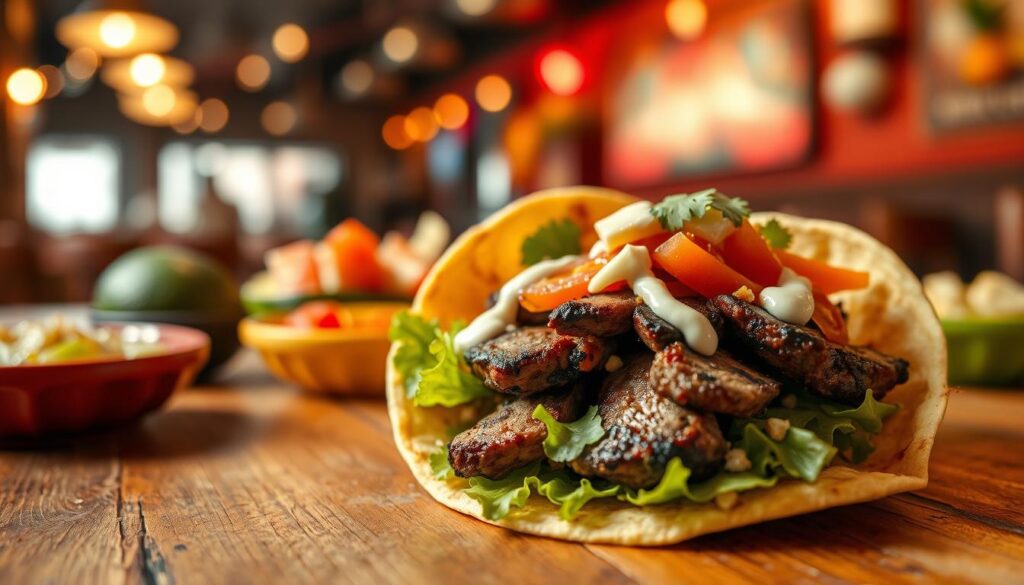 A mouth-watering grilled steak soft taco, prominently displayed in the foreground, nestled in a fresh, warm corn tortilla. The tender, juicy steak slices are topped with crisp lettuce, diced tomatoes, shreds of cheese, and a drizzle of creamy sauce, all bursting with color and freshness. In the middle ground, a rustic wooden table sets the scene, surrounded by ingredients like avocados and salsa in vibrant bowls, hinting at a casual Mexican dining experience. The background features a softly blurred dining area with ambient, warm lighting that evokes nostalgia. The mood is inviting and appetizing, reminiscent of a cozy taco joint from the '90s. The angle captures the taco from a slightly elevated perspective, making it the star of the image. A mouth-watering grilled steak soft taco, prominently displayed in the foreground, nestled in a fresh, warm corn tortilla. The tender, juicy steak slices are topped with crisp lettuce, diced tomatoes, shreds of cheese, and a drizzle of creamy sauce, all bursting with color and freshness. In the middle ground, a rustic wooden table sets the scene, surrounded by ingredients like avocados and salsa in vibrant bowls, hinting at a casual Mexican dining experience. The background features a softly blurred dining area with ambient, warm lighting that evokes nostalgia. The mood is inviting and appetizing, reminiscent of a cozy taco joint from the '90s. The angle captures the taco from a slightly elevated perspective, making it the star of the image.
