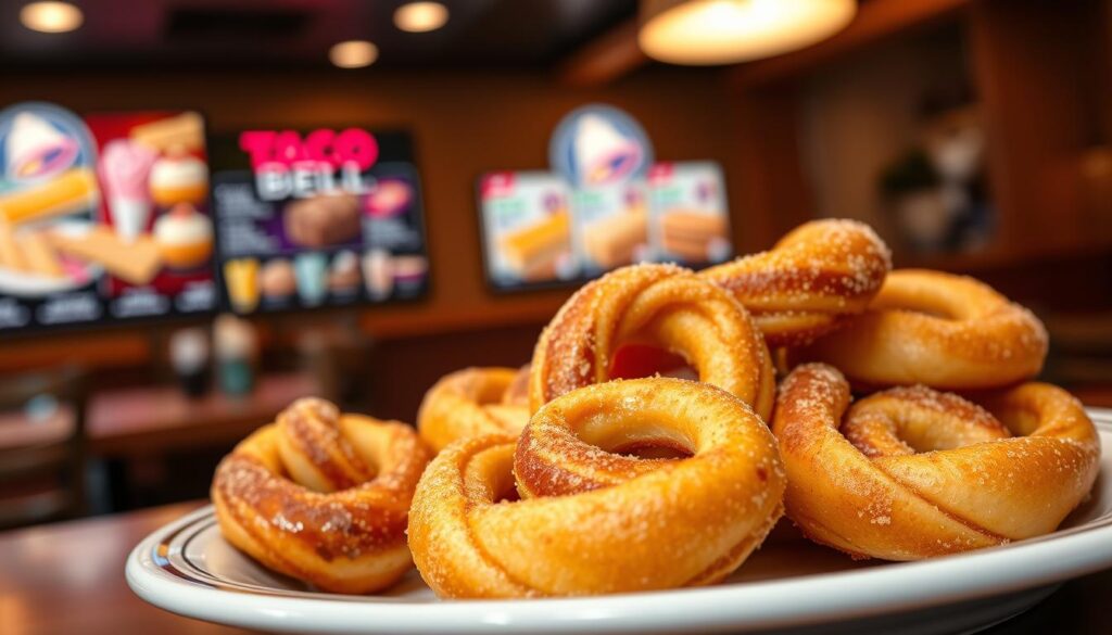 A mouth-watering plate of golden-brown cinnamon twists, freshly baked and glistening with a light glaze, showcased in the foreground. The twists are fluffy, spiraled delicacies dusted with a generous amount of cinnamon and sugar, inviting viewers to indulge. In the middle ground, a vibrant Taco Bell dessert menu can be subtly hinted at, with an assortment of colorful dessert options blurred out to maintain focus on the cinnamon twists. The background features a cozy, warm-toned restaurant setting, softly lit with ambient lighting to evoke a welcoming atmosphere. The composition is shot from a slight top angle to capture the texture of the cinnamon twists while emphasizing warmth and indulgence. The mood is delightful and inviting, highlighting the ideal pairing of Taco Bell desserts with savory meals. A mouth-watering plate of golden-brown cinnamon twists, freshly baked and glistening with a light glaze, showcased in the foreground. The twists are fluffy, spiraled delicacies dusted with a generous amount of cinnamon and sugar, inviting viewers to indulge. In the middle ground, a vibrant Taco Bell dessert menu can be subtly hinted at, with an assortment of colorful dessert options blurred out to maintain focus on the cinnamon twists. The background features a cozy, warm-toned restaurant setting, softly lit with ambient lighting to evoke a welcoming atmosphere. The composition is shot from a slight top angle to capture the texture of the cinnamon twists while emphasizing warmth and indulgence. The mood is delightful and inviting, highlighting the ideal pairing of Taco Bell desserts with savory meals.