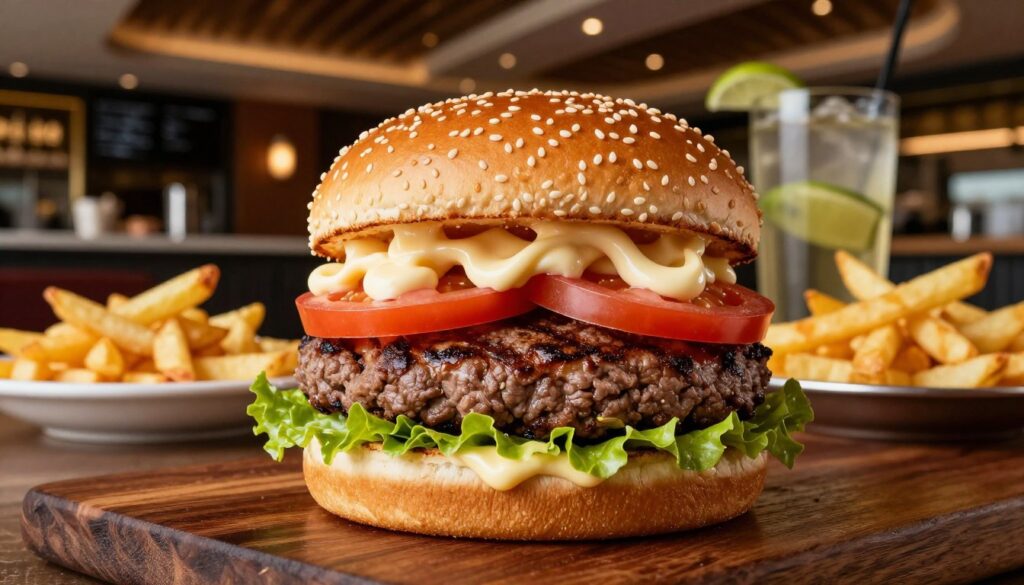 A mouth-watering "ultimate steakhouse whopper" centered in the foreground, showcasing a towering burger with a perfectly grilled steak patty, crisp lettuce, ripe tomato slices, and a dollop of creamy mayonnaise, all nestled in a golden, toasted sesame seed bun. The middle ground features tantalizing sides like golden fries and a refreshing drink, creating an inviting fast-food atmosphere. In the background, a sleek, modern steakhouse interior with ambient lighting, polished wood accents, and chic décor, enhancing the upscale feel of the burger. The image captures rich colors and textures, with soft, warm lighting illuminating the burger, giving it a delicious glow. The angle is slightly overhead, highlighting the burger's layers invitingly. The overall mood is indulgent and appetizing.