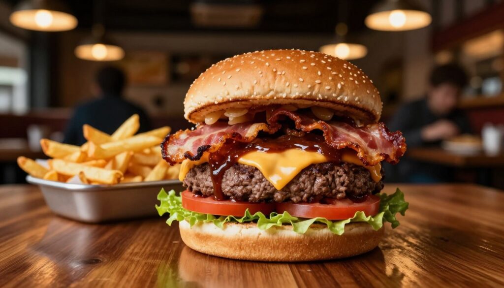 A mouthwatering Ultimate Steakhouse Whopper, prominently displayed in the foreground on a polished wooden table. The burger features a thick, juicy beef patty stacked high with crispy bacon, fresh lettuce, ripe tomato slices, and a generous layer of zesty barbecue sauce. The cheese is melted perfectly, glistening under soft, overhead lighting that casts a warm, inviting glow. In the middle ground, a side of crispy golden fries is served in a stylish dish, complementing the burger. The background features a chic restaurant setting with dimmed ambient lighting and blurred silhouettes of diners, creating a cozy atmosphere. The image captures the essence of indulgence and gourmet dining, showcasing the rich textures and colors of this delicious burger masterpiece.