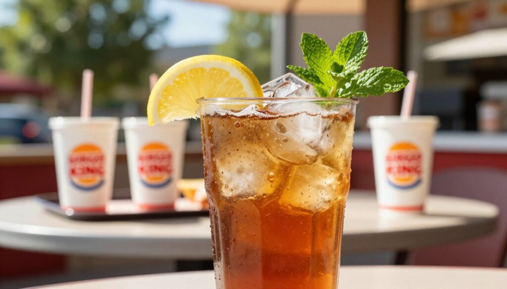 A refreshing glass of iced tea sits prominently in the foreground, filled with perfectly brewed amber tea, glistening with condensation. A slice of lemon rests on the rim, while a sprig of fresh mint adds a vibrant green touch. In the middle ground, a blurred fast-food table showcases a couple of Burger King drink cups, subtly hinting at the restaurant's branding with their iconic colors. The background features a sunny outdoor patio setting, capturing the essence of a warm summer day, with soft, dappled sunlight filtering through nearby trees, creating a cheerful and inviting atmosphere. Use a shallow depth of field to emphasize the iced tea, and capture the scene from a slightly elevated angle to enhance the refreshing appeal.