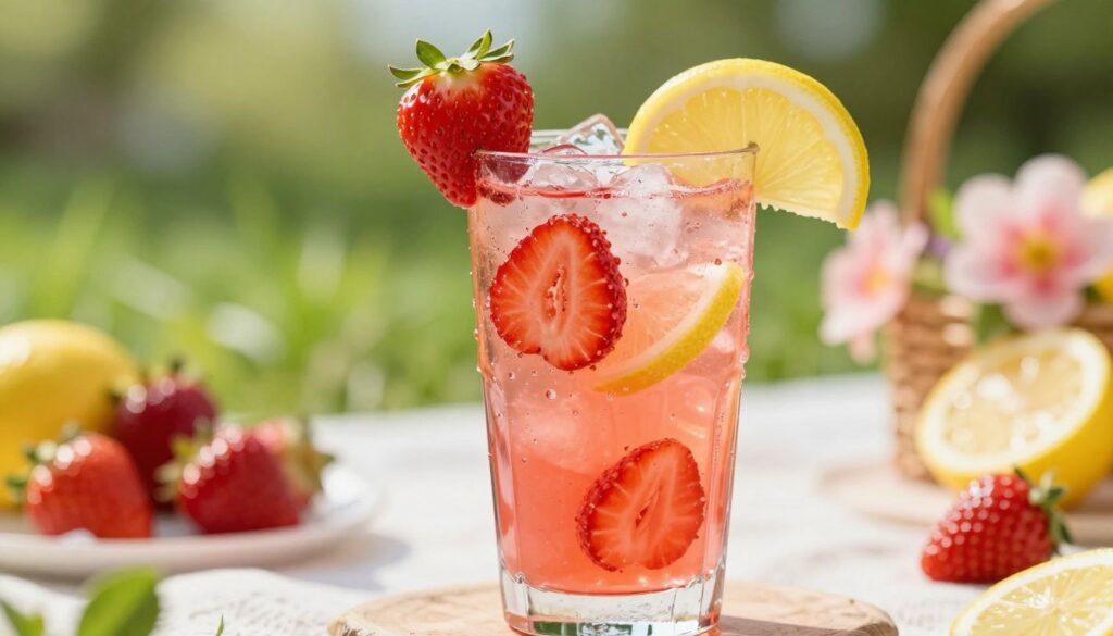 A refreshing glass of "soaring strawberry lemonade" sits elegantly in the foreground, filled with vibrant pink lemonade adorned with fresh strawberry slices and lemon wedges on the rim. Light refracts through the beverage, casting delicate reflections on the glass surface. Surrounding the glass, droplets of condensation trickle down, emphasizing its chilling freshness. In the middle ground, a blurred picnic setting can be seen with a grassy backdrop and vibrant summer flowers, evoking a sunny day atmosphere. Bright daylight filters through, lending a warm, inviting glow to the scene. The overall mood is cheerful and refreshing, highlighting the sweetness and fruit flavor of the drink, perfect for those who enjoy a delightful summer beverage. Use a soft-focus lens effect for an inviting, dreamy quality.