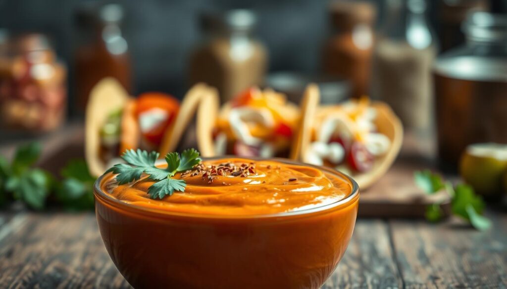 A rich, creamy bowl of chipotle sauce sits elegantly at the forefront, topped with fresh cilantro leaves and a sprinkle of chili flakes for texture. The sauce is a warm, inviting reddish-brown, glistening under soft, diffused lighting that enhances its velvety consistency. In the middle background, blurred, freshly made tacos are artfully arranged on a rustic wooden table, showcasing vibrant toppings like shredded lettuce, diced tomatoes, and cheddar cheese. The background softly transitions into a cozy, dimly lit kitchen atmosphere, with hints of filled spice jars and muted kitchenware, suggesting heartwarming culinary creations. The overall mood is inviting and appetizing, perfect for enticing readers with the flavor possibilities of chipotle sauce.