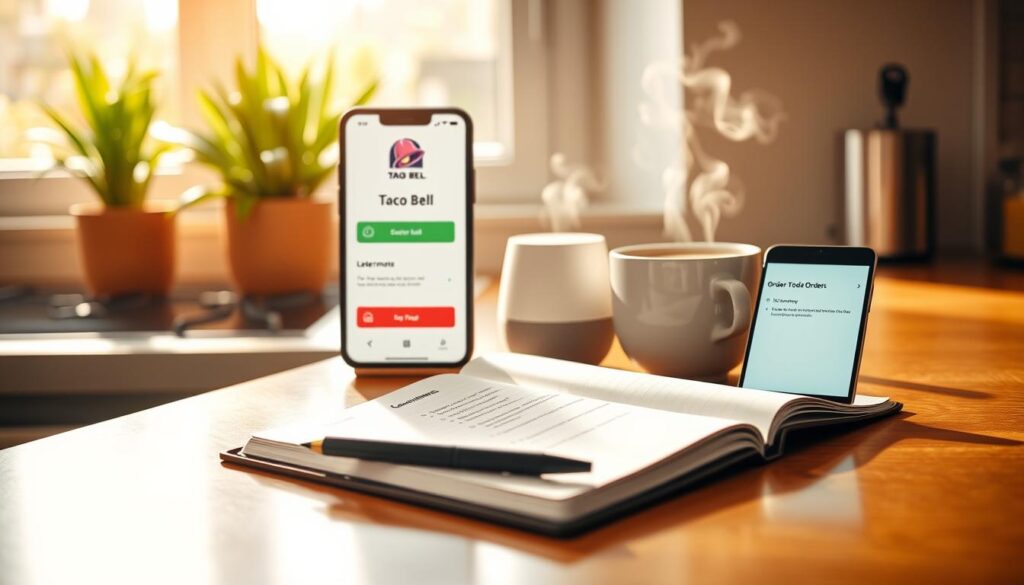 A serene kitchen countertop scene featuring a smartphone displaying a Taco Bell order confirmation. In the foreground, there is an open notebook with a pen, showcasing a checklist of steps to easily manage food orders. The middle layer includes a steaming cup of coffee and a digital assistant device, symbolizing modern convenience. The background features a sunny window with plants, creating a bright and inviting atmosphere. The lighting is warm and natural, casting soft shadows that enhance the cozy setting. The overall mood conveys organization and tranquility, emphasizing a hassle-free approach to managing food orders. No people are present in the image. A serene kitchen countertop scene featuring a smartphone displaying a Taco Bell order confirmation. In the foreground, there is an open notebook with a pen, showcasing a checklist of steps to easily manage food orders. The middle layer includes a steaming cup of coffee and a digital assistant device, symbolizing modern convenience. The background features a sunny window with plants, creating a bright and inviting atmosphere. The lighting is warm and natural, casting soft shadows that enhance the cozy setting. The overall mood conveys organization and tranquility, emphasizing a hassle-free approach to managing food orders. No people are present in the image.