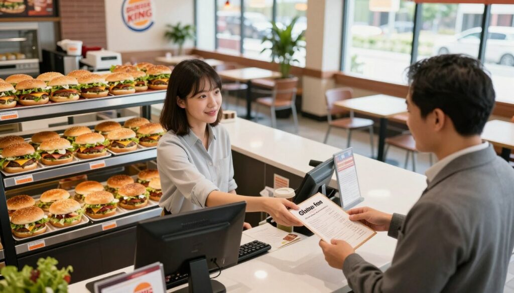 A spacious Burger King restaurant interior showcasing a clean, inviting environment for gluten-free dining. In the foreground, a well-dressed customer attentively places a gluten-free order at the counter, speaking with a friendly cashier. The middle ground features vibrant displays of gluten-free burger options, including buns and fresh toppings, emphasizing the best practices for a gluten-free experience. The background reveals a bright, airy space with modern seating, potted plants, and natural light streaming through large windows, creating a welcoming atmosphere. The angle is slightly from above, capturing both the interaction at the counter and the appealing layout of the restaurant. The mood is positive and informative, highlighting accessibility and choices for gluten-free diners.
