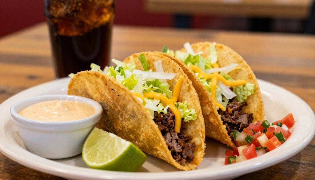 A tempting close-up of a plate featuring Jack in the Box tacos, showcasing their crispy fried shells overflowing with fresh ingredients. In the foreground, focus on two tacos, one bitten into to reveal juicy ground beef, shredded lettuce, and shredded cheddar cheese, nestled beside a small bowl of creamy taco sauce. Surround the tacos with fresh lime wedges and vibrant salsa to add color. In the middle ground, incorporate a casual dining setting, with a soft-focus view of a rustic wooden table and a glass of soda. The background features warm, ambient lighting, creating a cozy atmosphere reminiscent of a fast-food restaurant. Use a slight overhead perspective to capture the details while highlighting the appetizing nature of the dish.