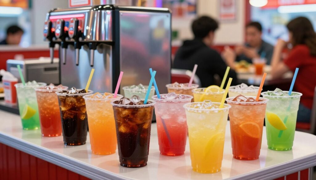 A variety of colorful fountain drinks displayed prominently on a sleek diner counter, showcasing different beverage choices in clear plastic cups filled with ice, glistening under soft, ambient lighting. The foreground features several drinks with vibrant hues—dark cola, bright orange soda, and refreshing lemon-lime, each topped with a colorful straw. In the middle ground, a modern soda fountain machine is visible, with its shiny chrome finish reflecting ambient light, adding a nostalgic diner feel. The background features blurred silhouettes of patrons enjoying their meals, adding to the lively atmosphere of a bustling fast-food setting. The overall mood is vibrant and energetic, capturing the essence of enjoying fountain drinks in a family-friendly environment.