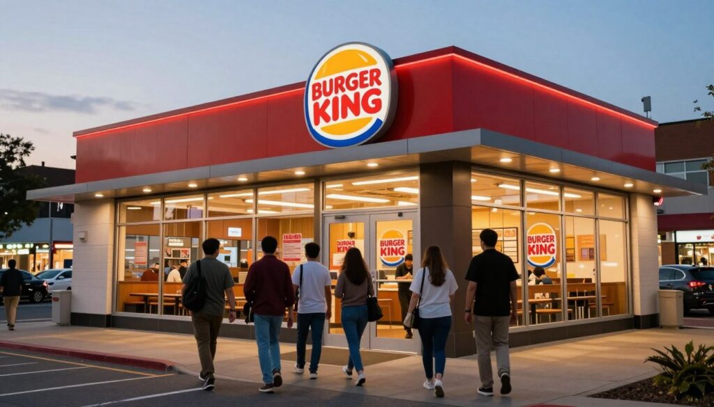 A vibrant Burger King restaurant located in a bustling urban area during the early evening, showcasing its iconic red and yellow signage. In the foreground, a diverse group of people in casual clothing is walking towards the entrance, eager to enjoy their meals. The middle ground features the modern, well-lit exterior of the restaurant, with large glass windows reflecting the warm glow of interior lights. In the background, a lively street scene with nearby shops and faint outlines of parked cars under a dusky sky. The lighting is soft yet inviting, casting long shadows on the pavement, creating a welcoming atmosphere. The angle is slightly tilted up, emphasizing the restaurant’s prominent position in the community while also capturing the vibrancy of the surrounding area. A vibrant Burger King restaurant located in a bustling urban area during the early evening, showcasing its iconic red and yellow signage. In the foreground, a diverse group of people in casual clothing is walking towards the entrance, eager to enjoy their meals. The middle ground features the modern, well-lit exterior of the restaurant, with large glass windows reflecting the warm glow of interior lights. In the background, a lively street scene with nearby shops and faint outlines of parked cars under a dusky sky. The lighting is soft yet inviting, casting long shadows on the pavement, creating a welcoming atmosphere. The angle is slightly tilted up, emphasizing the restaurant’s prominent position in the community while also capturing the vibrancy of the surrounding area.