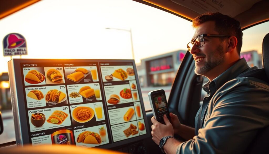 A vibrant Taco Bell drive-thru scene during the golden hour, showcasing a neatly arranged menu board filled with colorful images of nachos, tacos, and drinks. In the foreground, a cheerful customer, dressed in casual but professional attire, is placing an order through the drive-thru speaker, with a focused expression. The middle section highlights the illuminated menu with enticing food items, their descriptions clear and appetizing. In the background, a Taco Bell restaurant and a bright sunset fill the sky with warm hues, creating an inviting atmosphere. The scene captures the essence of a smart, gluten-free ordering experience, with emphasis on clarity and delicious options, using warm, natural lighting to enhance the inviting vibe. A vibrant Taco Bell drive-thru scene during the golden hour, showcasing a neatly arranged menu board filled with colorful images of nachos, tacos, and drinks. In the foreground, a cheerful customer, dressed in casual but professional attire, is placing an order through the drive-thru speaker, with a focused expression. The middle section highlights the illuminated menu with enticing food items, their descriptions clear and appetizing. In the background, a Taco Bell restaurant and a bright sunset fill the sky with warm hues, creating an inviting atmosphere. The scene captures the essence of a smart, gluten-free ordering experience, with emphasis on clarity and delicious options, using warm, natural lighting to enhance the inviting vibe.