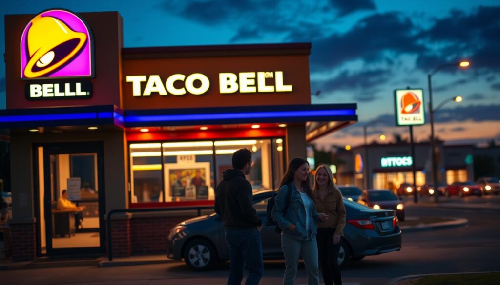A vibrant Taco Bell restaurant exterior at dusk, illuminated by warm neon lights that attract passersby. In the foreground, a clean and welcoming entrance invites customers. The middle section features a busy but organized drive-thru line with cars waiting patiently, and a couple of friendly patrons in modest casual clothing standing outside, discussing their orders with excitement. The background showcases the silhouette of a lively shopping district, with soft-focus streetlights casting a gentle glow. The image captures a welcoming, friendly atmosphere, emphasizing the convenience and accessibility of Taco Bell. Use a wide-angle lens to emphasize the bustling environment while ensuring clarity and focus on the taco restaurant, with a blend of twilight hues in the sky to evoke a sense of evening charm. A vibrant Taco Bell restaurant exterior at dusk, illuminated by warm neon lights that attract passersby. In the foreground, a clean and welcoming entrance invites customers. The middle section features a busy but organized drive-thru line with cars waiting patiently, and a couple of friendly patrons in modest casual clothing standing outside, discussing their orders with excitement. The background showcases the silhouette of a lively shopping district, with soft-focus streetlights casting a gentle glow. The image captures a welcoming, friendly atmosphere, emphasizing the convenience and accessibility of Taco Bell. Use a wide-angle lens to emphasize the bustling environment while ensuring clarity and focus on the taco restaurant, with a blend of twilight hues in the sky to evoke a sense of evening charm.