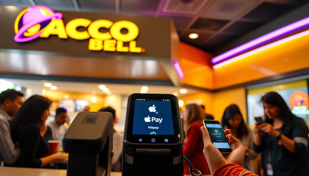 A vibrant Taco Bell restaurant in the foreground, with a clear view of its iconic yellow and purple signage. A modern payment terminal is prominently displayed on the counter, showing the Apple Pay logo illuminated to signify availability. In the background, people of diverse ethnicities are enjoying their meals, some holding smartphones with Apple Pay open, illustrating the transaction process. The lighting is warm and inviting, mimicking a late afternoon ambiance with soft shadows. The angle is slightly tilted to capture both the interior design and the customers’ interactions, conveying a lively atmosphere. The colors are bright, reflecting the energy of a busy fast-food environment. No text or overlays are present, ensuring a clean image focused on the subject.