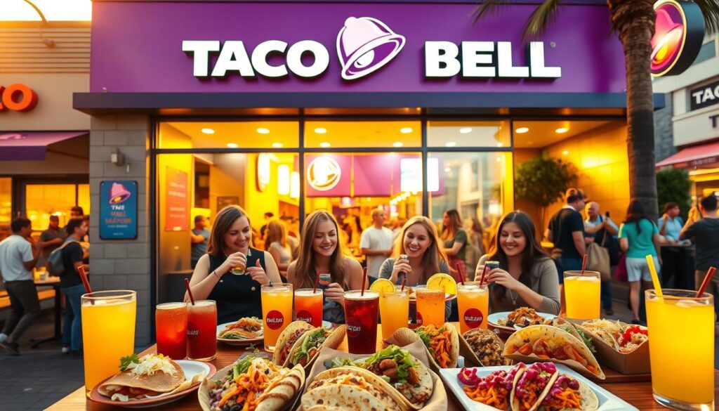 A vibrant Taco Bell setting showcasing the exterior of a Taco Bell restaurant during the Golden Hour, with warm golden light illuminating its iconic purple and yellow colors. In the foreground, a stylishly arranged table displays an enticing assortment of Taco Bell’s popular Happy Hour items, including a variety of colorful tacos and drinks, all beautifully garnished. In the middle ground, happy customers in casual attire enjoy their meals, showcasing diverse backgrounds and ages, adding a joyful ambiance. The background features a bustling street scene with other diners and shoppers, contributing to a lively atmosphere. The camera angle is slightly elevated, creating a welcoming and upbeat mood, inviting viewers to indulge in joy and flavor during Taco Bell’s Happy Hour.