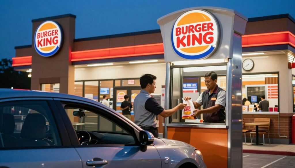 A vibrant and bustling Burger King drive-thru scene at dusk, with the restaurant brightly illuminated by its iconic neon signage. In the foreground, a sleek car waits in line at the drive-thru window, with a friendly employee wearing a professional uniform handing out a food bag. The middle ground features the restaurant's exterior, showcasing the difference between the drive-thru area and the dining room entrance, which is dimly lit. In the background, a clock is visible on the wall, subtly indicating the closing hours. The atmosphere is energetic, with a warm, inviting glow from the lights, creating a sense of convenience and late-night fast food culture. The angle captures both the drive-thru and dining room, blending functionality with the Burger King brand essence. A vibrant and bustling Burger King drive-thru scene at dusk, with the restaurant brightly illuminated by its iconic neon signage. In the foreground, a sleek car waits in line at the drive-thru window, with a friendly employee wearing a professional uniform handing out a food bag. The middle ground features the restaurant's exterior, showcasing the difference between the drive-thru area and the dining room entrance, which is dimly lit. In the background, a clock is visible on the wall, subtly indicating the closing hours. The atmosphere is energetic, with a warm, inviting glow from the lights, creating a sense of convenience and late-night fast food culture. The angle captures both the drive-thru and dining room, blending functionality with the Burger King brand essence.