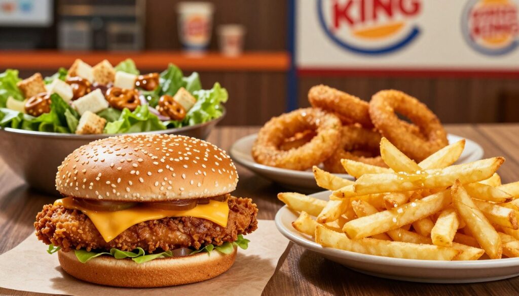 A vibrant and detailed tabletop scene showcasing a variety of fast-food menu items known to contain gluten. In the foreground, a classic cheeseburger with a sesame seed bun, crispy chicken sandwich, and a plate of golden French fries glistening with oil. In the middle ground, a table filled with a garden salad featuring croutons, soft pretzel bites, and a selection of crispy onion rings. The background should include a soft-focus image of a Burger King restaurant interior, with warm lighting that creates a cozy atmosphere. The scene should evoke a sense of indulgence while highlighting the gluten-rich items, creating a clear visual contrast to any gluten-free options. The angle should be slightly above eye level, capturing the variety of textures and colors in the food.