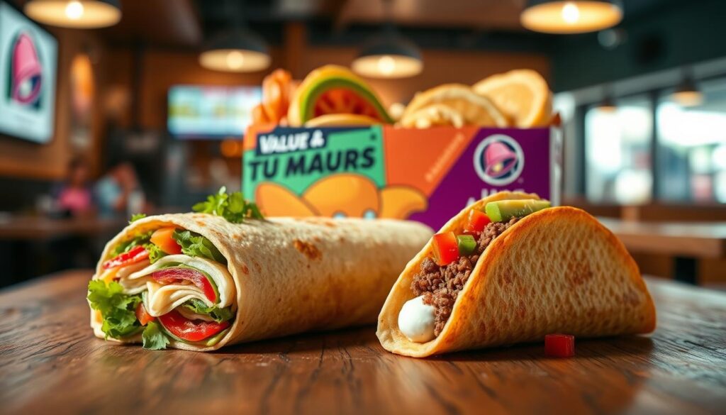 A vibrant and enticing arrangement of Taco Bell's Luxe Value Menu items, displayed on a rustic wooden table. In the foreground, a beautifully plated Crunchwrap Supreme, with layers of fresh ingredients peeking through, garnished with a sprinkle of cilantro. Beside it, a soft, warm taco filled with seasoned beef and diced tomatoes, topped with a dollop of sour cream and a slice of avocado. In the middle ground, a colorful box showcasing a variety of value items, with soft lighting highlighting their textures and fresh ingredients. The background features a blurred fast-food restaurant interior, with warm, inviting lighting enhancing the cozy atmosphere. Capture this scene from a slightly elevated angle to emphasize the delectable details, creating a mouth-watering visual that evokes the joy of fast food dining.