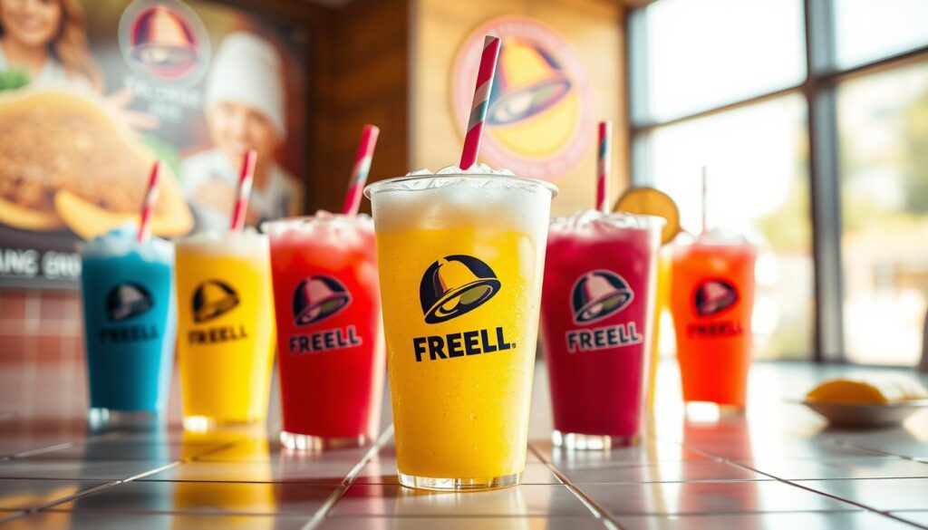 A vibrant and enticing depiction of a Taco Bell Freeze drink, prominently featured in the foreground with a colorful straw. The Freeze cup is frosty, with condensation droplets glistening under a soft, warm light. Surrounding the drink, a variety of frozen drink flavors are elegantly arranged, showcasing bright colors like fruity blue raspberry, vibrant strawberry, and zesty lime, set against a clean, tiled surface that mimics the Taco Bell aesthetic. In the background, blurred images of Taco Bell’s iconic menu items create an inviting atmosphere, hinting at the brand's fun and casual dining experience. The overall mood is refreshing and lively, inviting viewers to explore the delicious and cool flavors of the Freeze menu. The angle is slightly elevated, enhancing the focus on the drink and its bright colors, with a bokeh effect in the background.