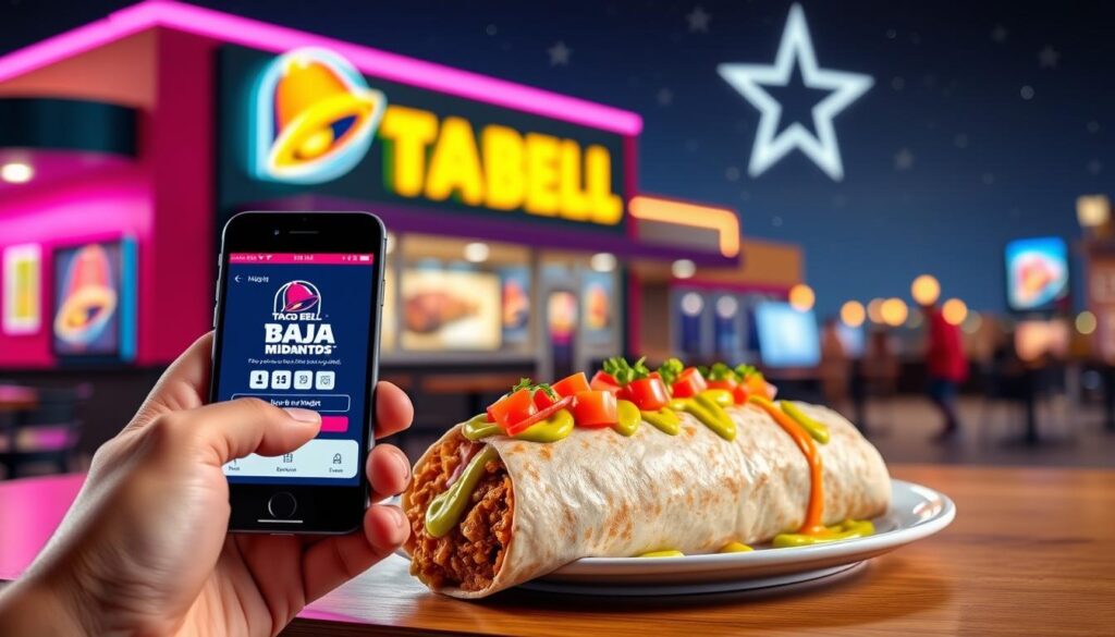 A vibrant and enticing scene showcasing the Taco Bell Baja Midnight menu item, featuring a beautifully plated Baja Midnight burrito with a shiny, glossy exterior, garnished with fresh ingredients like zesty avocado sauce, diced tomatoes, and a sprinkle of cilantro. In the foreground, a smartphone displaying the Taco Bell Rewards app is held in a hand, emphasizing the promotional aspect of the free offering. The middle ground includes a colorful, inviting Taco Bell restaurant backdrop with neon lighting, suggesting a lively and fun atmosphere. The background displays a starry night sky with a slight glow, enhancing the mood of late-night cravings. The image is illuminated with soft, warm lighting to evoke comfort and indulgence, captured from a slightly elevated angle to provide depth and focus on the delicious burrito.