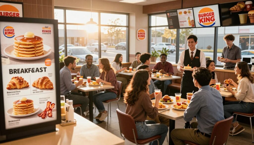 A vibrant and inviting Burger King restaurant interior during breakfast hours. In the foreground, a view of a breakfast menu board showcasing delectable items like fluffy pancakes, croissants, and crispy bacon, all displayed appealingly. In the middle, diverse groups of satisfied customers enjoying their breakfasts at neatly arranged tables, some chatting happily while others focus on their food. The background features large windows letting in golden morning light, creating a warm atmosphere. The setting conveys a lively morning vibe as employees in professional attire serve customers with friendly smiles. The scene is well-composed with a wide-angle perspective, capturing both the food and the cheerful interactions of guests, all under soft, inviting lighting that enhances the breakfast ambiance.