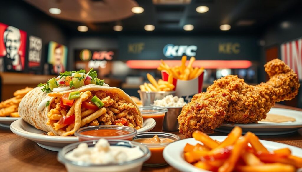 A vibrant and inviting Taco Bell KFC menu display, featuring an assortment of iconic menu items. In the foreground, a juicy Crunchwrap Supreme and crispy Original Recipe Chicken drumstick are beautifully plated, with fresh toppings and dipping sauces artistically arranged beside them. The middle ground showcases colorful side dishes like seasoned fries and creamy coleslaw, all under soft, warm lighting that accentuates the textures and colors of the food. In the background, a subtly blurred fast-food restaurant interior provides context, with hints of Taco Bell and KFC branding, creating an energetic but cozy atmosphere. The angle is dynamic, suggesting a slight top-down perspective that invites viewers to engage with the delicious offerings, all presented in a safe and appetizing manner, perfect for a food-centric article.