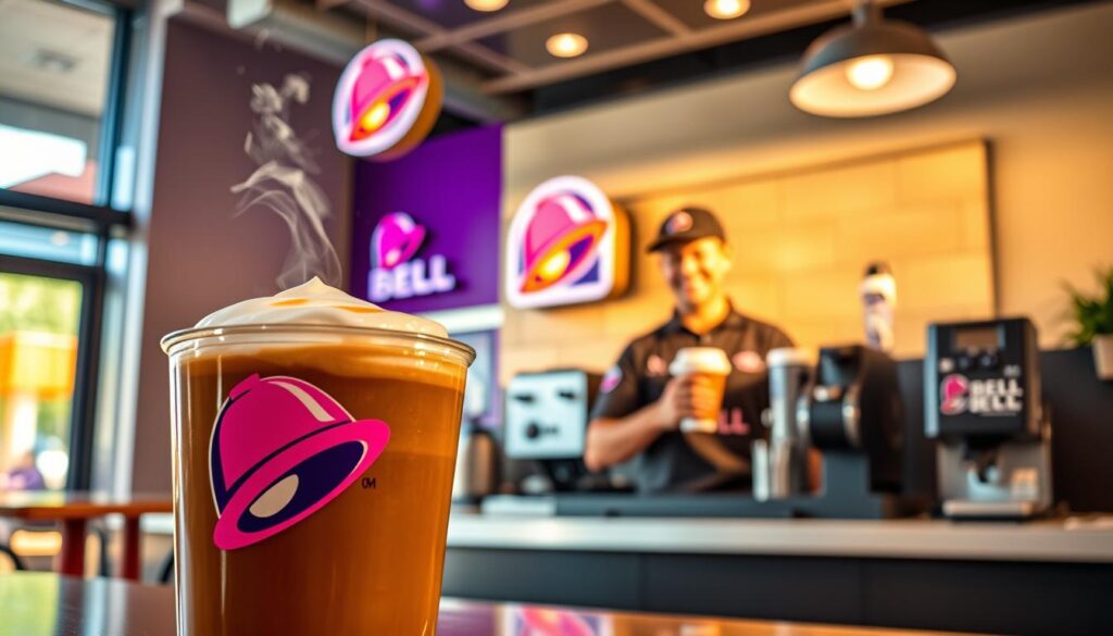 A vibrant and inviting Taco Bell coffee scene set inside a modern fast-food restaurant. In the foreground, a rich, steaming cup of Taco Bell coffee with a sleek design, garnished with a hint of cream swirling on top. The middle ground showcases a cheerful barista in a branded Taco Bell uniform, expertly preparing coffee drinks at the counter, with the colorful Taco Bell logo prominently displayed. Soft, warm lighting bathes the entire scene, creating a cozy atmosphere, while natural light filters in through large windows, casting gentle shadows. The background features a clean, contemporary interior with Taco Bell’s signature colors and decor, emphasizing the coffee availability. The overall mood is upbeat and casual, inviting customers to enjoy their coffee in this lively setting.