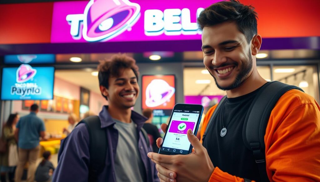 A vibrant and inviting Taco Bell storefront, prominently featuring the brand's signature colors of purple and orange. In the foreground, a cheerful customer, dressed in casual attire, is interacting with a smartphone displaying the Taco Bell app, highlighting the cash back offer. The middle ground shows a digital screen outside the store showcasing logos of PayPal and Venmo, subtly illuminated with welcoming lighting. In the background, a bustling fast-food atmosphere with customers enjoying their meals creates a sense of community. The lighting is warm and inviting, capturing the lively spirit of a Taco Bell location, with the angle emphasizing both the user engagement and the modern payment options available, instilling excitement and convenience. The overall mood is upbeat and energetic, showcasing modern digital transactions in a familiar and friendly setting.