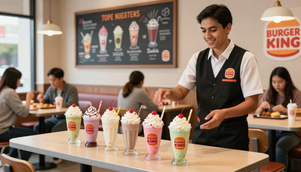 A vibrant and inviting scene in a Burger King restaurant showcasing shake ordering tips. In the foreground, a stylishly arranged table features a variety of colorful, delicious milkshakes in classic cups with whipped cream and cherry toppings. A friendly staff member, dressed in professional Burger King attire, stands to the side, smiling and gesturing towards the shakes. In the middle ground, a chalkboard menu displays enticing shake options, with illustrations of unique flavors. The background shows the cozy interior of the restaurant, filled with customers enjoying their meals in a warm and cheerful atmosphere. Soft, natural lighting filters through the windows, creating a welcoming ambiance. The image should convey an enjoyable shake experience, emphasizing the variety and deliciousness of Burger King's shakes.