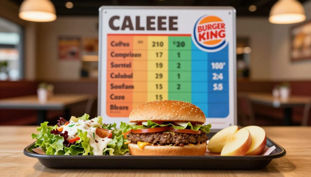 A vibrant, appetizing display of a Burger King meal highlighting calorie-conscious choices. In the foreground, a neatly arranged plate features a small Whopper Jr. burger, a garden salad with low-calorie dressing, and a side of apple slices. The middle ground showcases a colorful, clear calorie chart, illustrating key nutritional information about the meal. The background is a restaurant setting, softly lit with warm ambient lighting to create an inviting atmosphere. The focus is sharp, with a slight depth of field blurring the background for emphasis on the meal. The mood is friendly and health-conscious, encouraging viewers to consider their calorie intake while enjoying delicious food options.
