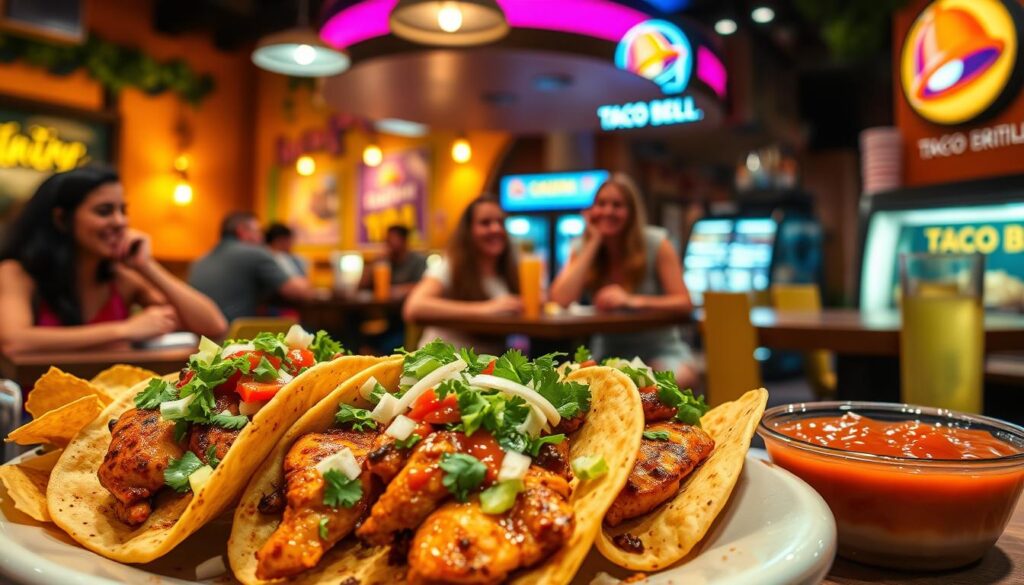 A vibrant, appetizing scene showcasing a "Caliente Cantina Chicken Launch" at a Taco Bell Cantina. In the foreground, a delicious plate of grilled chicken tacos garnished with fresh cilantro, diced onions, and a drizzle of spicy sauce, accompanied by sides of crispy tortilla chips and zesty salsa. The middle ground features an inviting cantina atmosphere with colorful decor and warm lighting creating a lively ambiance. Customers are enjoying their meals, depicted in modest casual clothing, smiling and engaging with one another. The background includes a well-stocked drink station offering a variety of beverages. The scene is illuminated with soft, warm lighting, giving off a cozy yet energetic vibe, captured from a slightly elevated angle to encompass the festive dining environment.