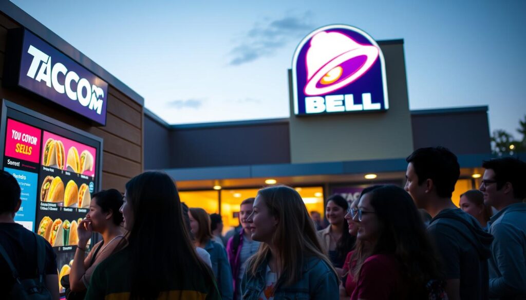 A vibrant, bustling Taco Bell restaurant during the evening, bustling with patrons of all ages. In the foreground, a diverse group of young adults eagerly contemplating their meal choices from the illuminated menu board, showcasing a variety of tacos and burritos. The middle ground features friendly staff members engaged in conversation, displaying warm smiles. The background captures the iconic Taco Bell logo under a subtle twilight sky, with soft, glowing lights from the restaurant's exterior casting a welcoming ambiance. The image is taken from a slightly low angle, emphasizing the inviting atmosphere and the vibrant colors of the restaurant's signage. The mood is lively and energetic, reflecting the joy of enjoying fast food with friends. A vibrant, bustling Taco Bell restaurant during the evening, bustling with patrons of all ages. In the foreground, a diverse group of young adults eagerly contemplating their meal choices from the illuminated menu board, showcasing a variety of tacos and burritos. The middle ground features friendly staff members engaged in conversation, displaying warm smiles. The background captures the iconic Taco Bell logo under a subtle twilight sky, with soft, glowing lights from the restaurant's exterior casting a welcoming ambiance. The image is taken from a slightly low angle, emphasizing the inviting atmosphere and the vibrant colors of the restaurant's signage. The mood is lively and energetic, reflecting the joy of enjoying fast food with friends.