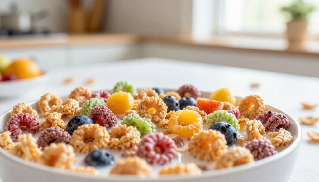 A vibrant, close-up composition of a bowl of Rice Krispies cereal, with a variety of colorful fruit toppings scattered artistically around the edges. In the foreground, the cereal is crisp and inviting, with a small splash of milk pooling in the bottom of the bowl to emphasize freshness. The middle ground features a light scattering of flakes spilling onto a clean, white tablecloth, creating a homey feel. The background is softly blurred, showcasing a cozy kitchen setting with natural light streaming in through a window, giving a warm and cheerful ambiance. The overall mood is playful and wholesome, conveying a sense of joy and comfort ideal for kids' meals, while ensuring the visual remains clear and appealing to families.