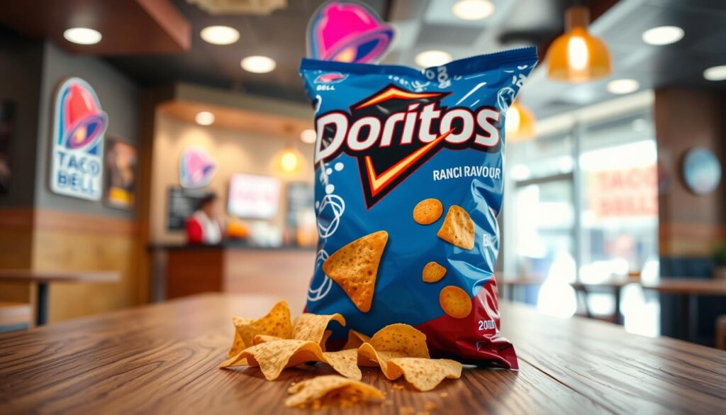 A vibrant, close-up image of a bag of Cool Ranch Doritos, prominently displayed in the foreground. The bag features its iconic blue and red design, surrounded by several Doritos chips spilling from the bag, showcasing their distinct ranch flavor seasoning. In the middle, a textured wooden table serves as the backdrop, with hints of Taco Bell branding subtly integrated. The background features a blurred interior view of a Taco Bell restaurant from the 2000s, capturing the essence of fast-food nostalgia with soft lighting and warm tones. The atmosphere is lively and inviting, evoking the excitement of enjoying snacks in a fun dining environment. The image should be well-lit, with an eye-catching angle that draws attention to the Doritos, emphasizing their flavor and crunch.