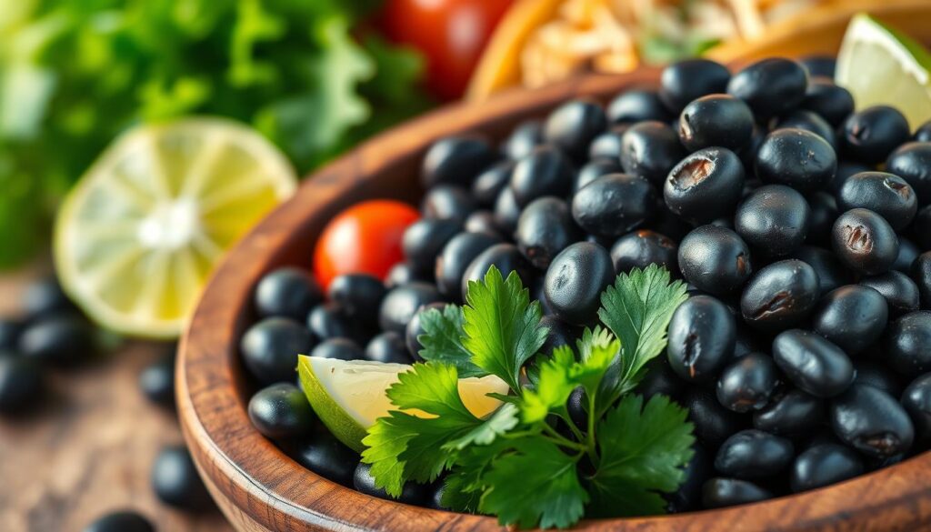 A vibrant close-up image of fresh black beans in a rustic wooden bowl, showcasing their glossy, deep black skin against a backdrop of colorful, fresh ingredients. In the foreground, the black beans are artfully arranged, glistening with a hint of moisture, with a few scattered beans nearby for added texture. The middle ground features bright green cilantro and tangy lime wedges, enhancing the freshness. In the background, soft-focus colorful taco ingredients like ripe tomatoes, crisp lettuce, and shredded cheese provide a lively atmosphere, hinting at the delightful vegetarian tacos. The lighting is warm and inviting, casting gentle reflections on the beans, creating a cozy and appetizing mood. The angle is slightly overhead to capture the full richness of the arrangement without any distractions. No text or watermarks are present.