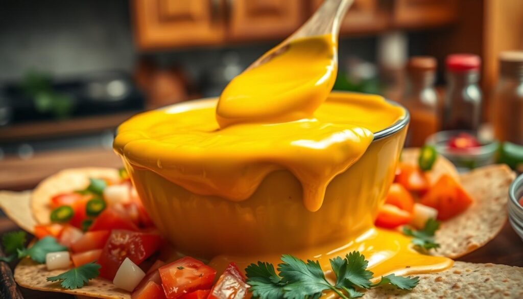 A vibrant close-up of a thick, creamy cheese sauce in a bowl, rich golden-yellow in color, with a smooth texture glistening under soft natural light. In the foreground, a wooden spoon is dipped into the sauce, showcasing its gooey consistency. In the middle ground, scattered toppings like diced tomatoes, diced jalapeños, and fresh cilantro are arranged artistically around the bowl, suggesting a taco night setting. The background features a blurred rustic kitchen ambiance, with warm wooden cabinets and a hint of spices on a nearby table, inviting a cozy, homemade feel. The overall mood is inviting and mouthwatering, perfect for a casual cooking atmosphere. The focus is on the cheese sauce, capturing its appetizing appeal without any text or distractions. A vibrant close-up of a thick, creamy cheese sauce in a bowl, rich golden-yellow in color, with a smooth texture glistening under soft natural light. In the foreground, a wooden spoon is dipped into the sauce, showcasing its gooey consistency. In the middle ground, scattered toppings like diced tomatoes, diced jalapeños, and fresh cilantro are arranged artistically around the bowl, suggesting a taco night setting. The background features a blurred rustic kitchen ambiance, with warm wooden cabinets and a hint of spices on a nearby table, inviting a cozy, homemade feel. The overall mood is inviting and mouthwatering, perfect for a casual cooking atmosphere. The focus is on the cheese sauce, capturing its appetizing appeal without any text or distractions.