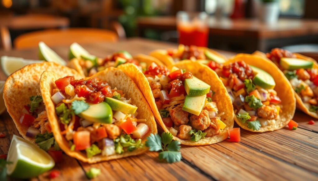 A vibrant, close-up view of an array of Crunchy Taco options inspired by Taco Bell, laid out on a rustic wooden table. The tacos, filled with colorful ingredients such as fresh lettuce, diced tomatoes, cheese, and lean protein, showcase a healthy yet indulgent appeal. Each taco is garnished with a dollop of salsa and avocado slices. In the background, softly blurred, there's a bright, inviting atmosphere with warm lighting that enhances the fresh colors of the ingredients. A few lime wedges and cilantro sprigs are scattered around for a touch of freshness. The angle captures the tacos from a slight overhead perspective, creating a mouthwatering display that draws the viewer's attention and evokes a sense of fast-food enjoyment, while still emphasizing a healthier eating option.