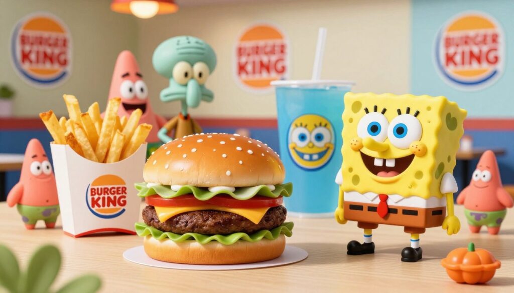 A vibrant, colorful display of Burger King menu items inspired by Spongebob Squarepants. In the foreground, a whimsical Spongebob-themed burger, featuring a soft, squishy yellow bun, with lettuce, tomato, cheese, and a big, juicy patty peeking out. Beside it, a playful Krabby Patty-inspired box showcasing fries and a drink, all styled in Spongebob’s signature colors: bright yellow and ocean blue. In the middle ground, a variety of Spongebob character figurines, like Patrick and Squidward, surrounding the food, adding a joyful, fun aspect. The background is a cheerful Burger King restaurant setting with bright lighting that captures the playful atmosphere. Use a slight angle to emphasize the depth and details. The overall mood should be light-hearted and inviting, perfect for families and children.