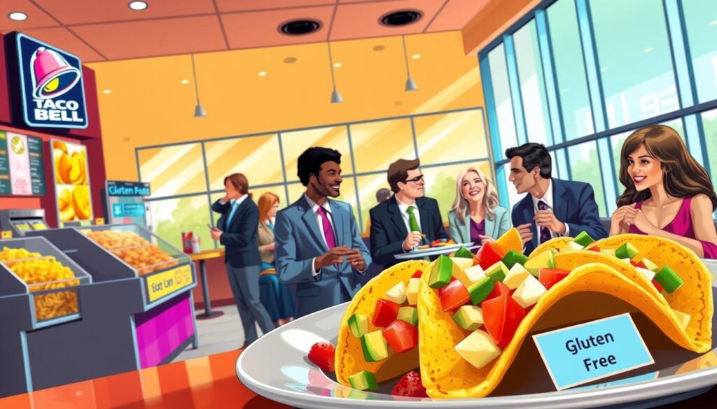 A vibrant, detailed illustration of a Taco Bell restaurant interior, showcasing an array of colorful menu items on display. In the foreground, a plate of tacos with clearly labeled gluten-free options, garnished with fresh avocado and diced tomatoes, invitingly arranged. In the middle ground, a diverse group of individuals—dressed in professional business attire—enjoying their meals, engaging in conversation with smiles. The background features a bright and cheerful Taco Bell ambiance, with light streaming through large windows, creating a warm, welcoming atmosphere. The lighting is soft and natural, enhancing the colors of the food and decor. The overall mood is friendly and inclusive, emphasizing the importance of gluten awareness in a casual dining setting.