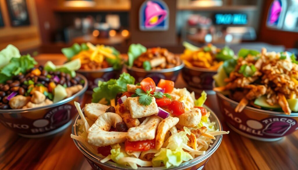 A vibrant display of Taco Bell Power Menu Bowls, beautifully arranged on a wooden table. In the foreground, show a close-up of a colorful bowl filled with ingredients like grilled chicken, lettuce, guacamole, salsa, and cheese, highlighting the textures and vibrant colors. In the middle, add additional bowls showing variations with beans, steak, and crispy toppings, creating an inviting assortment. The background features a subtle hint of a Taco Bell logo and blurred restaurant atmosphere, giving a sense of familiarity. Use warm, natural lighting to accentuate the freshness of the ingredients, captured at a slight overhead angle to create depth. The mood is lively and appetizing, enticing viewers with the delicious options available in the gluten-free Power Menu. A vibrant display of Taco Bell Power Menu Bowls, beautifully arranged on a wooden table. In the foreground, show a close-up of a colorful bowl filled with ingredients like grilled chicken, lettuce, guacamole, salsa, and cheese, highlighting the textures and vibrant colors. In the middle, add additional bowls showing variations with beans, steak, and crispy toppings, creating an inviting assortment. The background features a subtle hint of a Taco Bell logo and blurred restaurant atmosphere, giving a sense of familiarity. Use warm, natural lighting to accentuate the freshness of the ingredients, captured at a slight overhead angle to create depth. The mood is lively and appetizing, enticing viewers with the delicious options available in the gluten-free Power Menu.