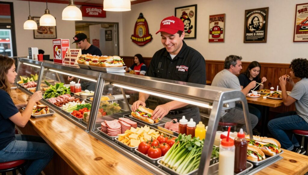A vibrant display of a "Build Your Own Sub" station at a Firehouse Subs location in Abilene. In the foreground, a long wooden counter topped with fresh ingredients: sliced meats, cheeses, vibrant vegetables, and various condiments arranged in an inviting manner. Middle ground features a friendly staff member, dressed in a Firehouse Subs uniform, smiling as they assist a customer choosing their sub fillings, creating a welcoming atmosphere. The background shows the cozy interior of the restaurant with warm lighting, vintage firefighting memorabilia adorning the walls, and hungry patrons enjoying their meals at rustic tables. The overall mood is lively and energetic, capturing the essence of a popular sandwich shop bustling with activity.
