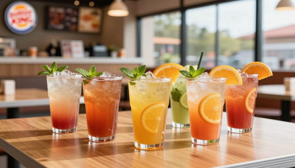 A vibrant display of various refreshing juices from the Burger King menu, showcased prominently in the foreground. The image features a selection of colorful juice options in clear cups, each with ice and garnishes like mint leaves and citrus slices. In the middle ground, a stylish wooden table should enhance the presentation, reflecting a casual dining environment. The background consists of a soft-focus, modern Burger King setting, with blurred restaurant elements like neon signage and seating arranged to evoke a lively atmosphere. The lighting is bright and inviting, simulating natural sunlight streaming through large windows, enhancing the fresh and appetizing feel of the juices. The overall mood is lively and refreshing.