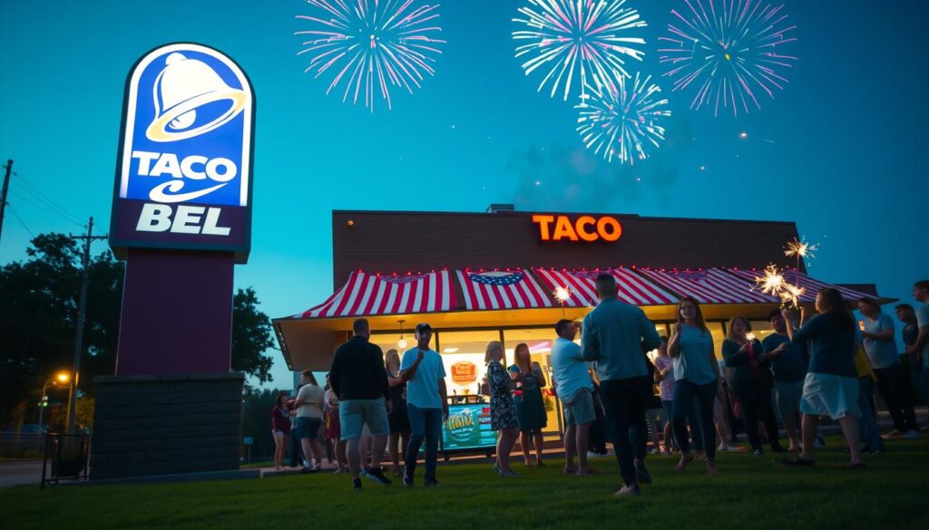 A vibrant, festive scene depicting a Taco Bell restaurant on July 4th in the United States. In the foreground, a well-lit Taco Bell sign shines brightly, adorned with red, white, and blue decorations, symbolizing Independence Day. In the middle ground, families and friends in modest casual clothing gather outside the restaurant, enjoying food and celebrating with sparklers. The background features a clear blue sky, dotted with colorful fireworks bursting above, adding a celebratory atmosphere. Soft evening lighting casts a warm glow over the scene, while a low-angle perspective emphasizes the festive decor and the excitement of the gathering. Overall, the image should convey a joyful, lively mood, reflecting the spirit of a July 4 Taco Bell run.
