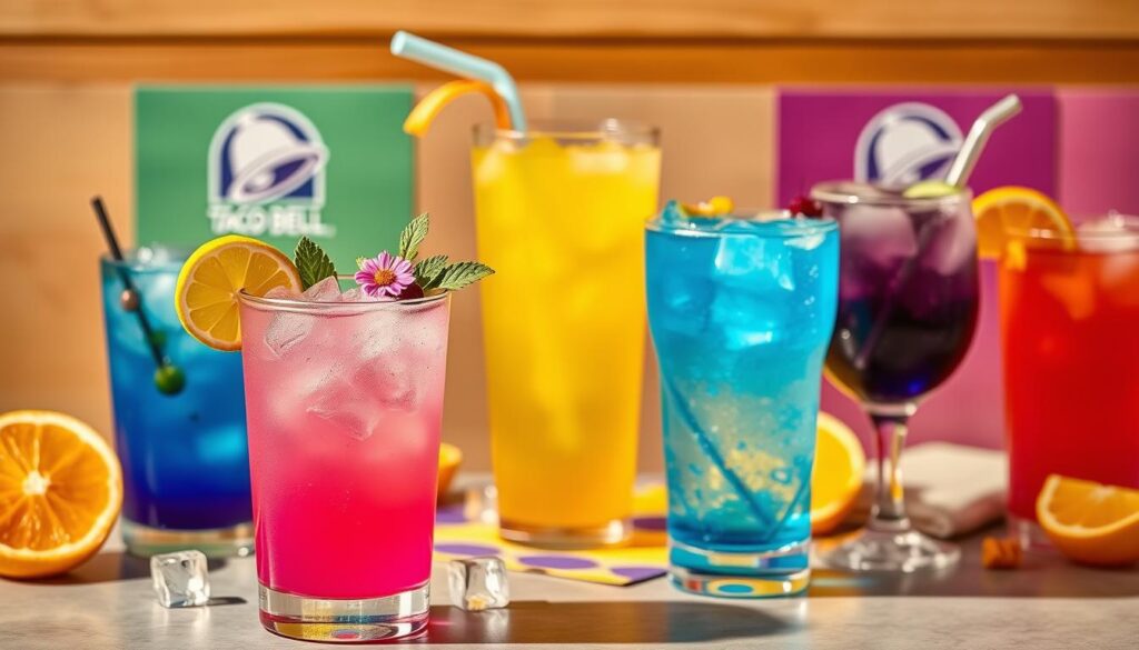 A vibrant flat lay of Taco Bell’s new mocktails, showcasing a variety of colorful beverages in stylish glassware. In the foreground, feature a refreshing, bright pink mocktail garnished with a slice of lime and mint leaves, and a sparkling blue drink with edible flowers. In the middle ground, include a larger golden-yellow beverage with a playful straw, surrounded by ice cubes and citrus slices. The background softly blurs out with Taco Bell branding subtly integrated into a colorful napkin, creating a lively atmosphere. Use warm, natural lighting to enhance the freshness of the drinks, capturing reflections and highlights beautifully. The composition should evoke a fun and spirited mood, ideal for a casual dining experience. A vibrant flat lay of Taco Bell’s new mocktails, showcasing a variety of colorful beverages in stylish glassware. In the foreground, feature a refreshing, bright pink mocktail garnished with a slice of lime and mint leaves, and a sparkling blue drink with edible flowers. In the middle ground, include a larger golden-yellow beverage with a playful straw, surrounded by ice cubes and citrus slices. The background softly blurs out with Taco Bell branding subtly integrated into a colorful napkin, creating a lively atmosphere. Use warm, natural lighting to enhance the freshness of the drinks, capturing reflections and highlights beautifully. The composition should evoke a fun and spirited mood, ideal for a casual dining experience.