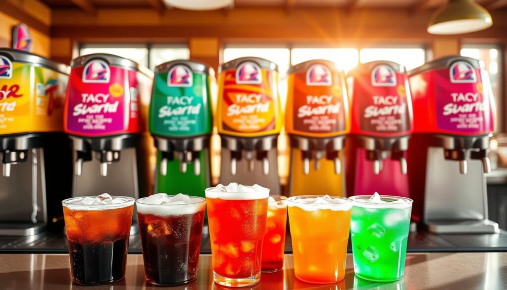 A vibrant fountain drinks station filled with an array of colorful beverage dispensers. In the foreground, several foamy cups brimming with classic sodas, iced teas, and refreshing lemonades are set on a countertop. The cups showcase varying colors, with ice cubes glistening in the sunlight. In the middle, the drink dispensers are adorned with bright, eye-catching labels and shimmering chrome accents, creating an inviting atmosphere. The background features a soft-focus scene of a cozy Taco Bell interior, with warm lighting filtering through the windows, casting a cheerful glow. The overall mood is energetic and refreshing, capturing the excitement of enjoying fountain drinks in a casual setting. The image is shot from a slightly elevated angle, providing a comprehensive view of the drink station without any text, people, or distractions.