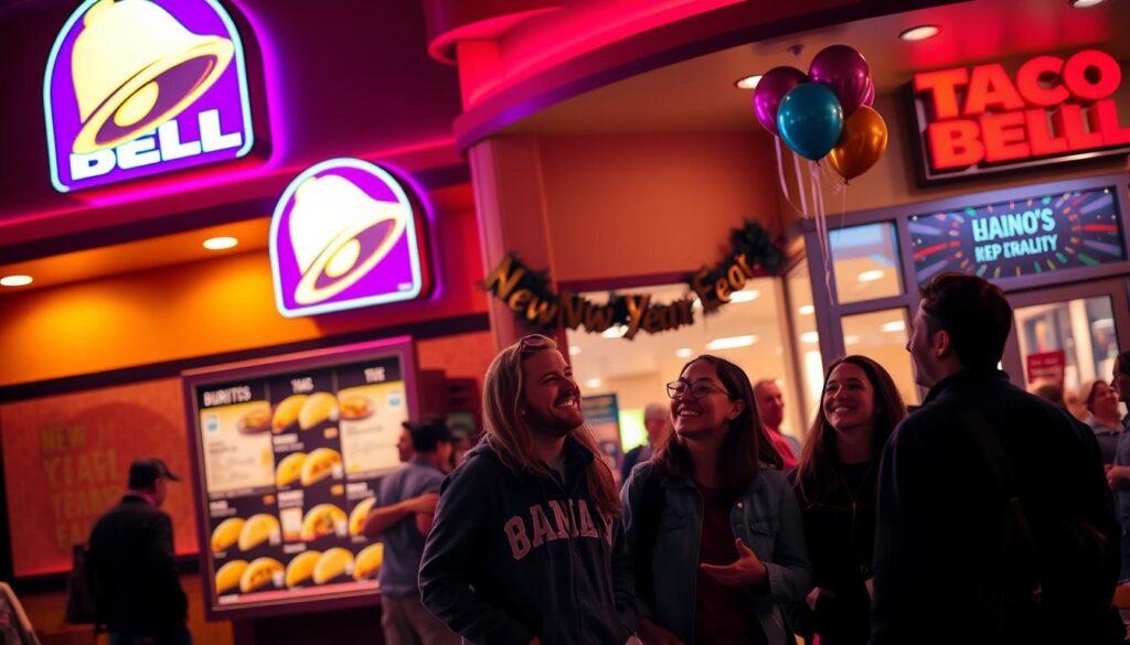 A vibrant, inviting Taco Bell restaurant scene during evening hours, showcasing the warm glow of neon lights. In the foreground, a clear view of the Taco Bell sign with its iconic purple and yellow colors illuminating the area. In the middle, a few cheerful people dressed in casual clothing, happily discussing their meal choices. One of them is pointing to the menu board, showcasing an assortment of tacos and burritos. In the background, the restaurant's entrance is visible, bustling with customers, with a festive atmosphere indicating New Year's Eve celebrations, including subtle decorations like balloons and streamers. The lighting is soft and welcoming, evoking a sense of community and enjoyment, with a focus on the busy yet friendly ambiance. The scene captures the essence of Taco Bell's evening hours, providing warmth and excitement for the celebration.