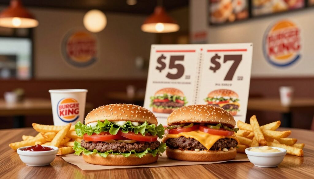 A vibrant meal deal featuring a mouthwatering Burger King combination on a wooden table. In the foreground, display two hearty burgers, one with a fresh lettuce and tomato topping and the other with melted cheese, surrounded by crispy golden fries. Include sauces in small bowls on the side. In the middle ground, present a value menu graphic with visually appealing $5 and $7 price tags subtly incorporated. The background should be a softly blurred Burger King restaurant setting, with warm, inviting lighting that enhances the food's colors. Use a shallow depth of field to keep the focus on the meal deal, creating a cozy fast-food atmosphere that conveys a sense of value and satisfaction.