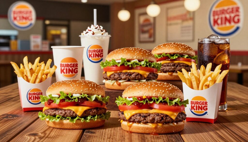 A vibrant, mouth-watering burger depicted on a rustic wooden table, showcasing an array of limited-time Burger King menu items. In the foreground, a towering cheeseburger with fresh lettuce, tomato, and a golden-brown bun glistens with condiments. Beside it, crispy fries in a red carton and a refreshing soft drink with condensation can be seen. In the middle ground, several limited-time menu items, like an eye-catching specialty burger with unique toppings and a seasonal shake, are artistically arranged. The background includes soft-focus images of a Burger King restaurant interior, hinting at a lively atmosphere with warm lighting. The scene feels inviting and nostalgic, capturing the essence of fast food indulgence, perfect for illustrating menu specials while avoiding any captions or text overlays. A vibrant, mouth-watering burger depicted on a rustic wooden table, showcasing an array of limited-time Burger King menu items. In the foreground, a towering cheeseburger with fresh lettuce, tomato, and a golden-brown bun glistens with condiments. Beside it, crispy fries in a red carton and a refreshing soft drink with condensation can be seen. In the middle ground, several limited-time menu items, like an eye-catching specialty burger with unique toppings and a seasonal shake, are artistically arranged. The background includes soft-focus images of a Burger King restaurant interior, hinting at a lively atmosphere with warm lighting. The scene feels inviting and nostalgic, capturing the essence of fast food indulgence, perfect for illustrating menu specials while avoiding any captions or text overlays.